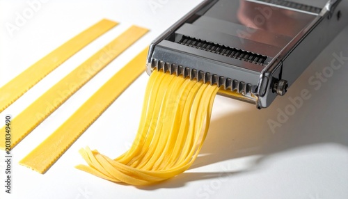 Golden yellow noodles in clear glass bowl on white table.