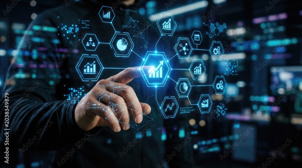 Fototapeta premium Futuristic Business Technology Interface with Data Analytics and Growth Charts.