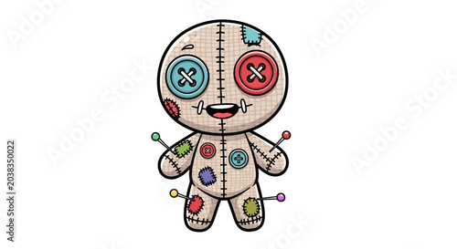 Cuadro en lienzo Cute cartoon voodoo doll with button eyes and colorful patches.