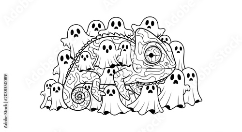Quadro su tela Intricate chameleon surrounded by a group of cute cartoon ghosts.