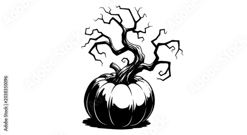 Fotografía Spooky Halloween pumpkin with a gnarled leafless tree growing from the top