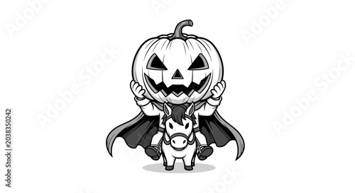 Φωτογραφία A cute headless horseman character riding a small pony for Halloween