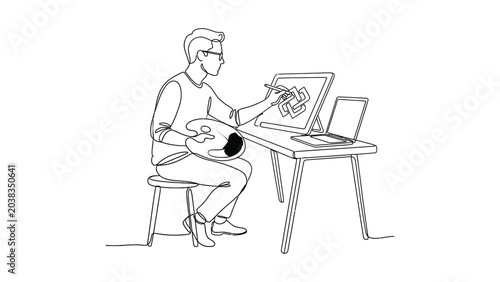 Continuous line drawing of a digital artist working at a desk.