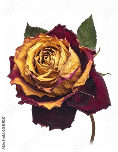 Close-up of a partially dried rose with leaves