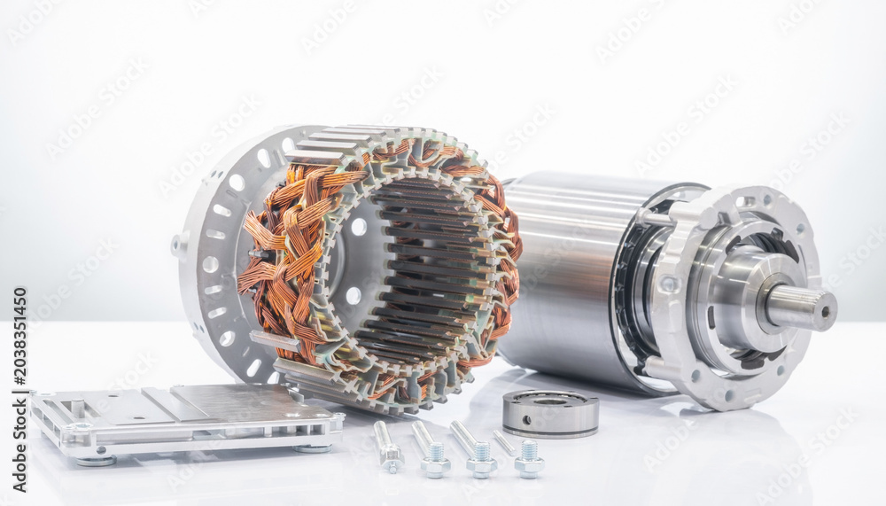 Naklejka premium Electric vehicle motor components with copper wiring disassembled on table