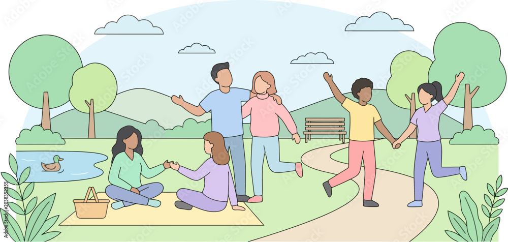 Fototapeta premium Joyful Friends Celebrating Friendship Day in Park with Dancing and Picnics