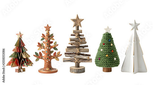 Collection of various handmade miniature Christmas trees made of wood fabric and paper isolated on a transparent background.