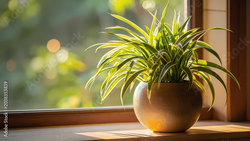 Green spider plant on sunny windowsill
