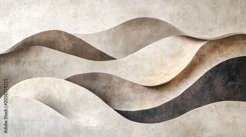 Geometric abstraction shows overlapping organic shapes on a textured off-white background with neutral tones of beige, taupe, and light grey in a smooth arrangement