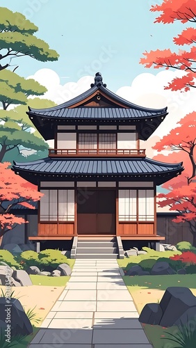 A serene traditional Japanese building amidst autumn foliage and greenery