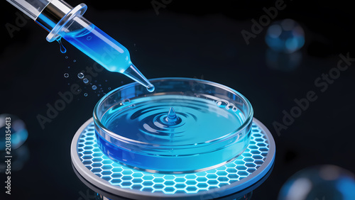 Blue liquid injected into glass bowl