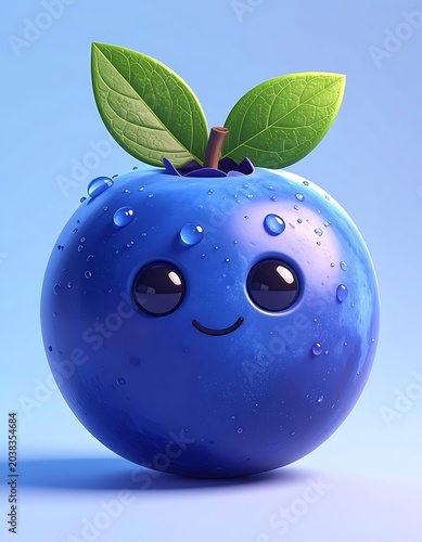 A shiny blue fruit with a smiley face and green leaves