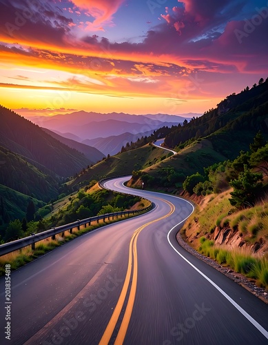 A serene mountain road winds under a vibrant sunset
