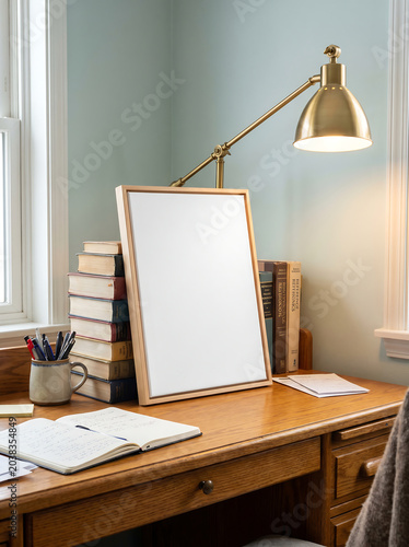 Blank wooden frame mockup on a desk with books and a brass lamp