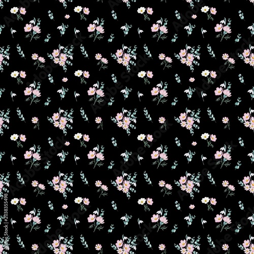 Seamless pattern with set watercolor pink flowers on black background