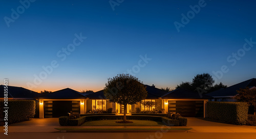 Beautiful Modern House Exterior at Dusk with Warm Interior Lights.