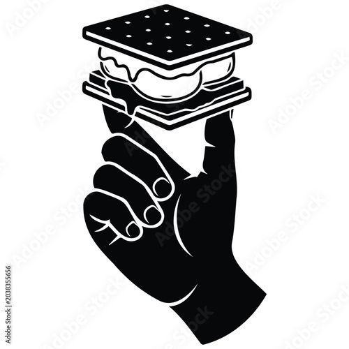 Hand holding s'mores vector silhouette illustration line art sweet campfire dessert snack.