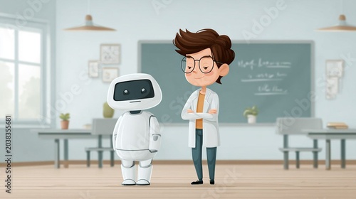 Modern artificial intelligence classroom with female student wearing VR goggles facing humanoid robot, realistic educational technology concept