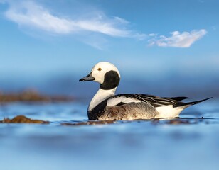 A serene scene of a duck swimming in calm blue waters