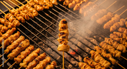 Delicious Chicken Satay Grilling on an Outdoor Barbecue.