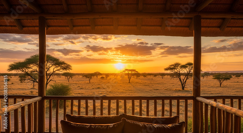 Serene African Safari Lodge Balcony Overlooking Sunset Savannah.