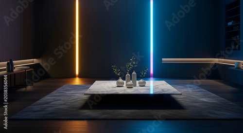 Modern Living Room with Neon Lights and Minimalist Furniture.