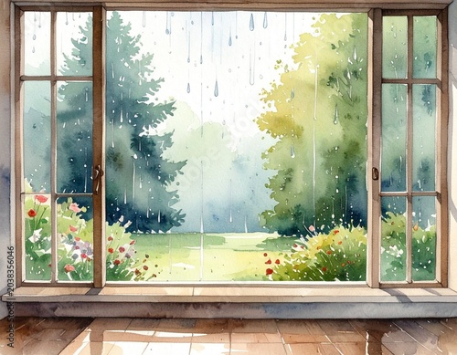 Cozy Rainy Window View Watercolor Landscape Illustration