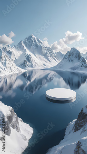 Floating white platform on icy blue lake