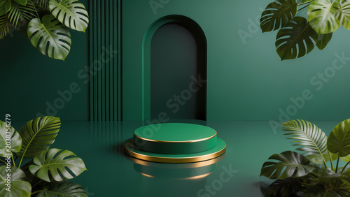 Green circular platform with gold trim