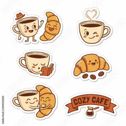 Obraz na płótnie Cute Cartoon Coffee Cups and Croissants Stickers, Cozy Cafe, Kawaii Food Art