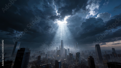 Dark clouds over city silhouette