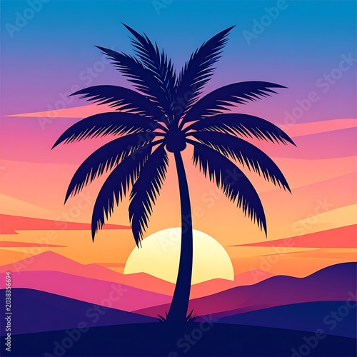 A serene tropical sunset scene with a palm tree silhouette