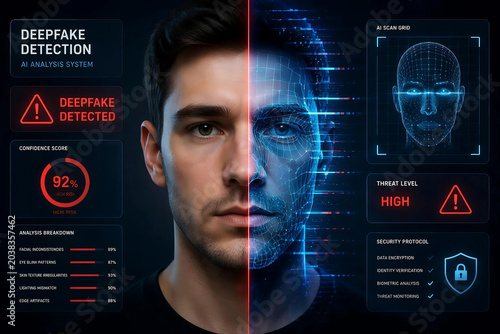 Deepfake AI Detection and Media Authenticity Technology, Artificial Intelligence Face Analysis for Cybersecurity, Digital Identity Verification, Fraud Prevention and Synthetic Media Threat Concept