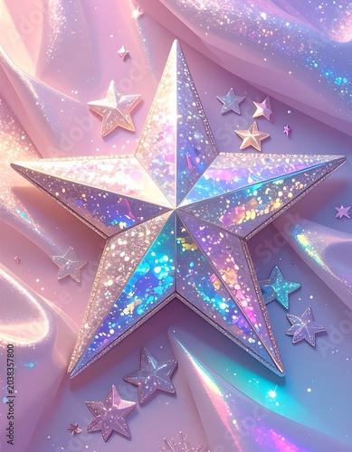 A shiny star surrounded by smaller stars on a pastel background