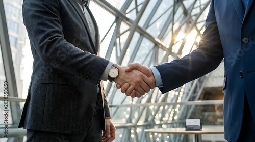 Two businessmen in suits shaking hands in a modern office building with a glass wall background