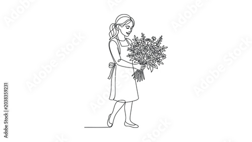 Continuous one line drawing of a young girl holding a large bouquet of flowers.