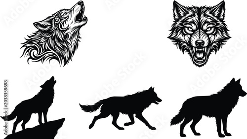 Canvastavla Wolf illustrations and silhouettes set howling running standing poses and detail