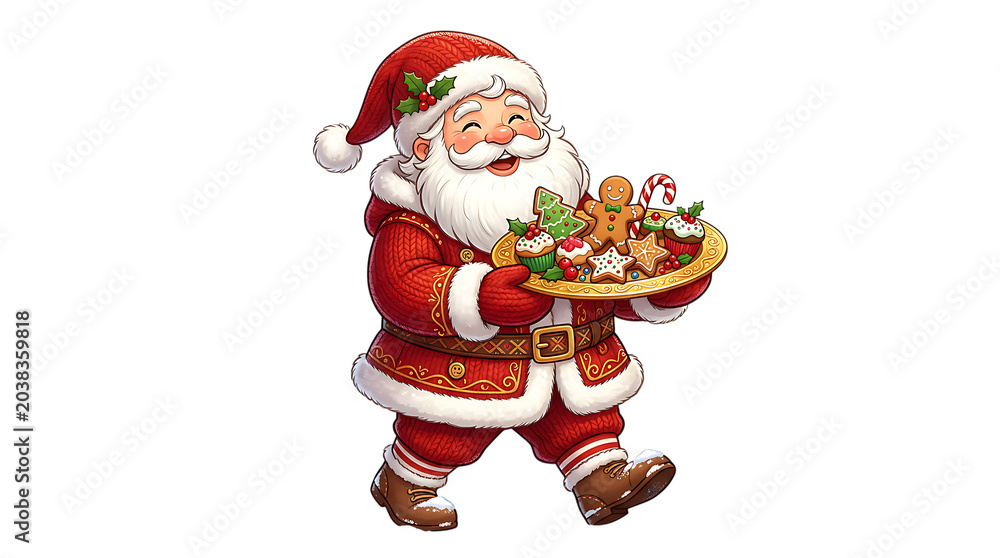 Fototapeta premium Cheerful santa claus holding a tray of festive holiday cookies and gingerbread men isolated on transparent background