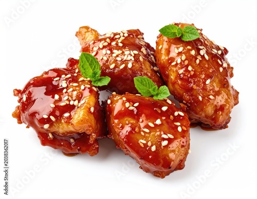 Four glazed chicken pieces with sesame seeds and mint