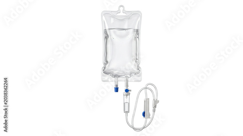 Iv fluid bag with tubing and medical equipment on transparent background