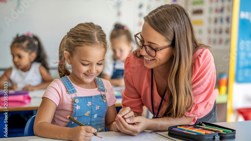 Teacher assisting young girl with art project in classroom