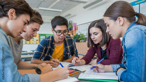 Diverse students collaborating on project in classroom