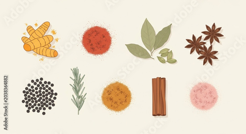 Foto Semi-Realistic Spices and Herbs Illustration Set on Cream Background