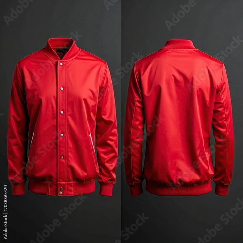 Front and back view of a bright red bomber jacket