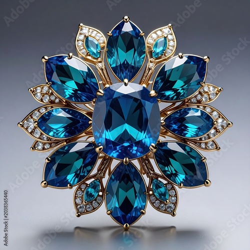 Ornate gold floral brooch with blue gemstones