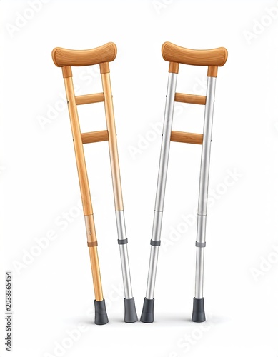 Two crutches, one wood, one metal, on white