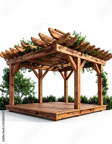 Wooden pergola with greenery, white background