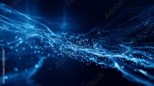 Futuristic blue digital particle network with flowing white energy streams, abstract AI data visualization and quantum science background, realistic editorial technology image Keyw