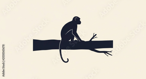 Photography Monkey Sitting on Tree Branch Dark Navy Minimalist Silhouette Illustration