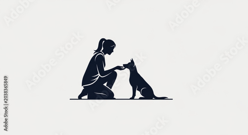 Obraz na płótnie Woman Kneeling and Training Dog Dark Navy Silhouette Minimalist Illustration